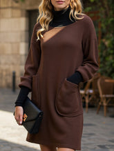 Long-sleeved loose-fitting high-neck midi dress